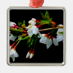 Elegant Black White flowering white Blossom Metal Ornament