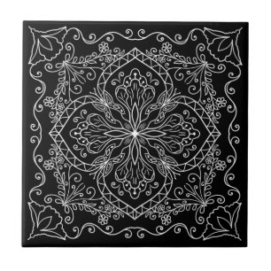 Elegant Black White Flowers Butterfly Decorative Ceramic Tile