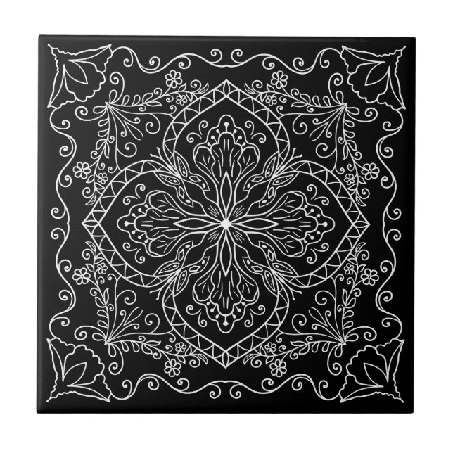 Elegant Black White Flowers Butterfly Decorative Ceramic Tile (Front)