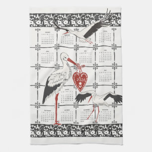 Elegant Black & White Folk Stork 2026 Calendar Tea Towel