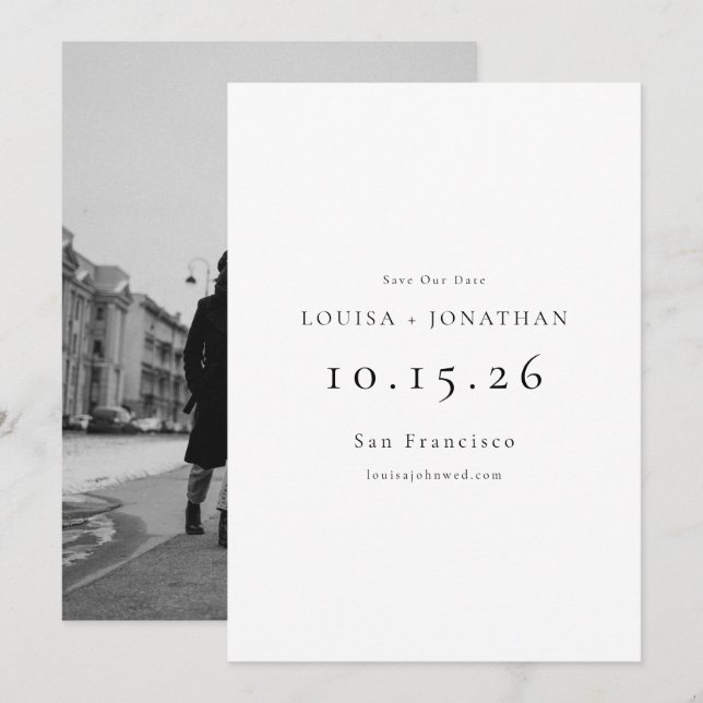 Elegant Black White Formal Simple Photo Wedding  Save The Date (Front/Back)