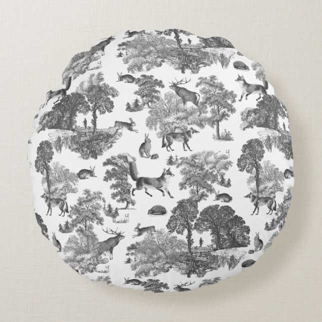 Elegant Black White Fox Rabbit Woodland Toile  Round Cushion (Front)