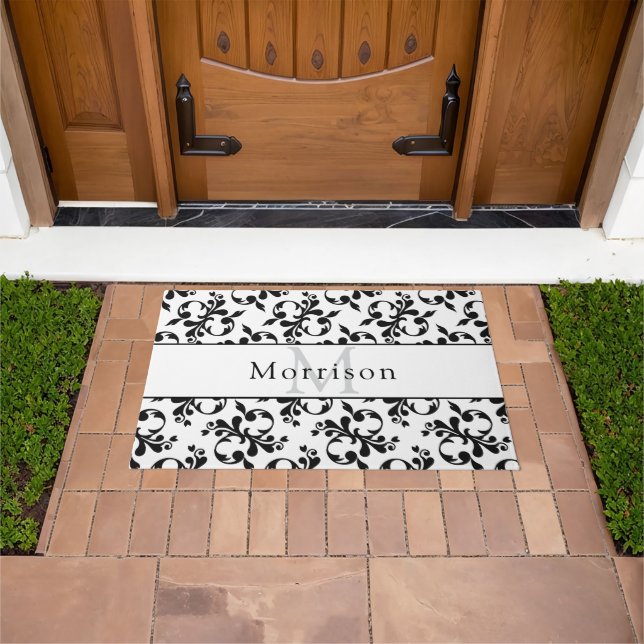 Elegant Black & White French Damask Pattern Doormat (Outdoor)