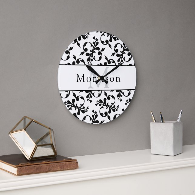 Elegant Black & White French Damask Pattern Large Clock (Office)