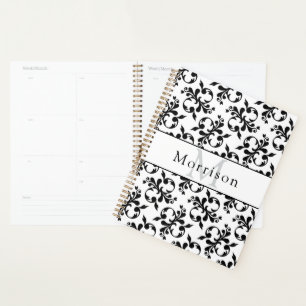 Elegant Black & White French Damask Pattern Planner