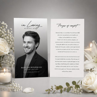 Elegant Black & White Funeral Photo Prayer Card
