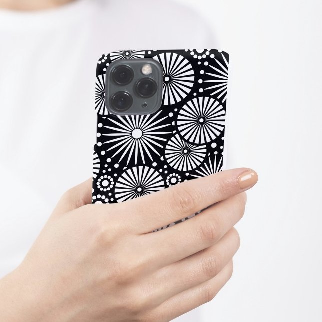 Elegant Black White Geometric Flowers Starburst iPhone Case (Creator Uploaded)