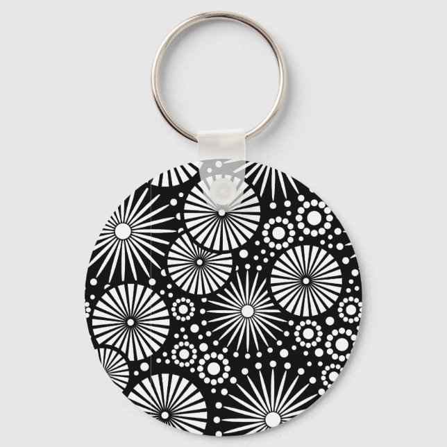 Elegant Black White Geometric Flowers Starburst Key Ring (Front)