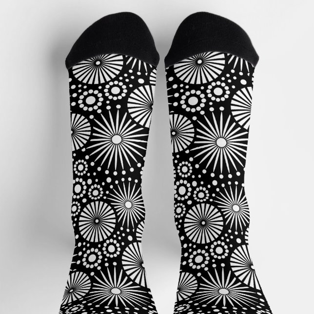 Elegant Black White Geometric Flowers Starburst Socks (Top)
