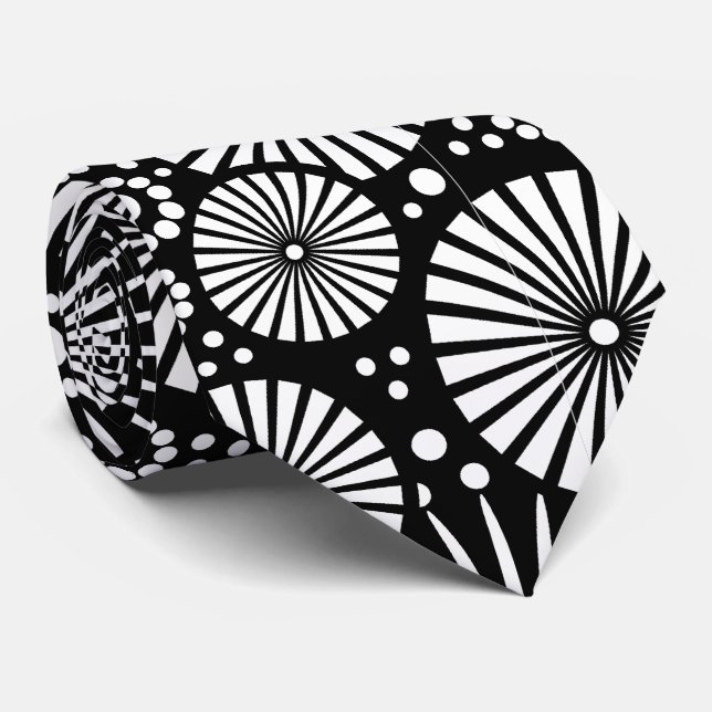 Elegant Black White Geometric Flowers Starburst Tie (Rolled)