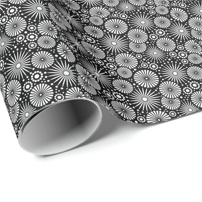 Elegant Black White Geometric Flowers Starburst Wrapping Paper (Roll Corner)