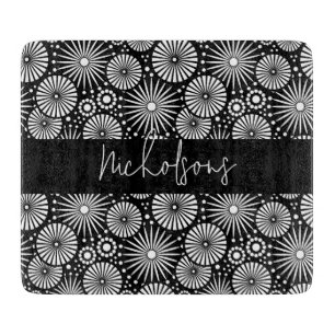 Elegant Black White Geometric Starburst Name Cutting Board