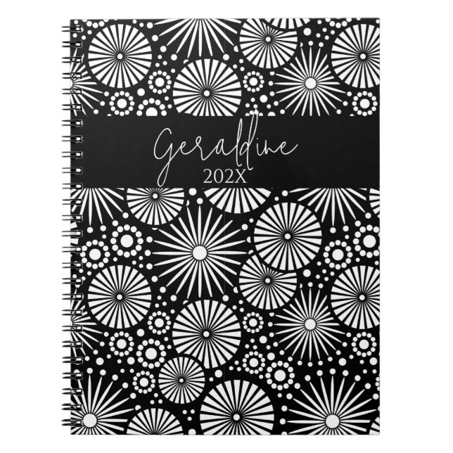 Elegant Black White Geometric Starburst Name  Notebook (Front)