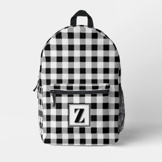 Elegant black white gingham customisable monogram  printed backpack