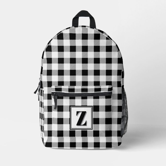 Elegant black white gingham customisable monogram  printed backpack (Front)