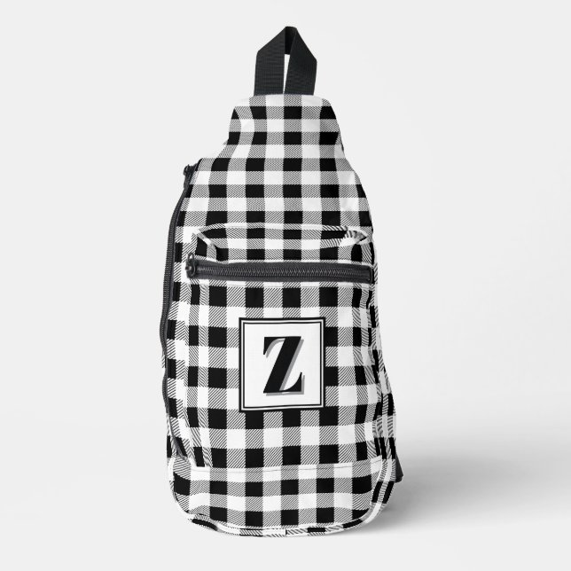 Elegant black white gingham customisable monogram  sling bag (Front)