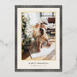 Elegant Black White Gingham Family Photo Christmas Foil Holiday Card