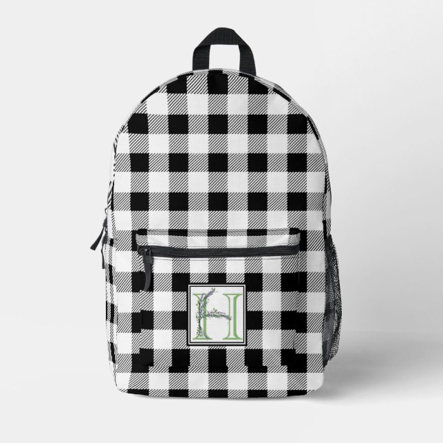 Elegant black white gingham letter H botanical Printed Backpack (Front)