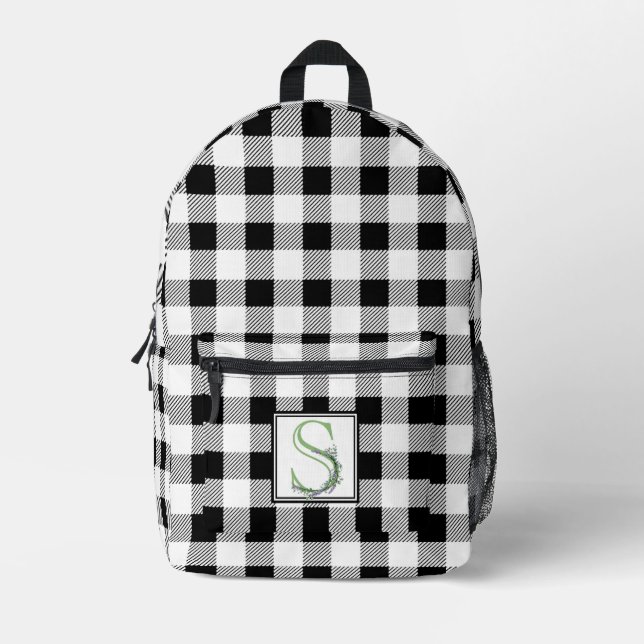 Elegant black white gingham monogram letter S Printed Backpack (Front)