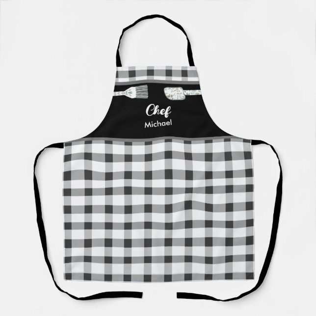 Elegant Black White Gingham | Personalised Name  Apron (Front)