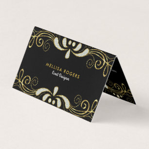 Elegant Black & White Glitter Floral Swirls Lace Business Card