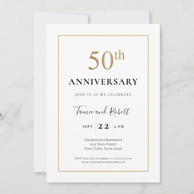 Elegant Black White Gold 50th Wedding Anniversary  Invitation (Front)