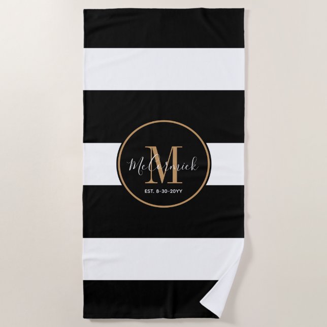 Elegant Black White Gold Anniversary Couples Name Beach Towel (Front)
