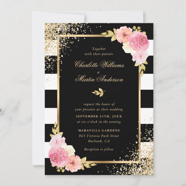 Elegant Black White Gold Blush Pink Floral Wedding Invitation (Front)