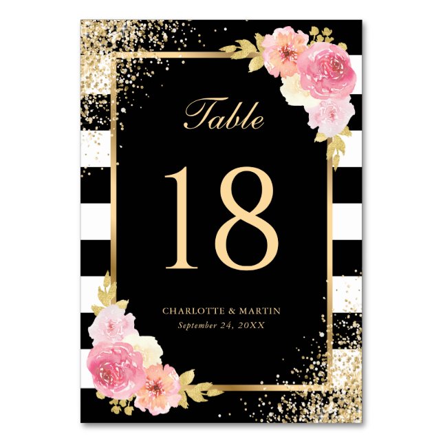 Elegant Black White Gold Blush Pink Floral Wedding Table Number (Front)