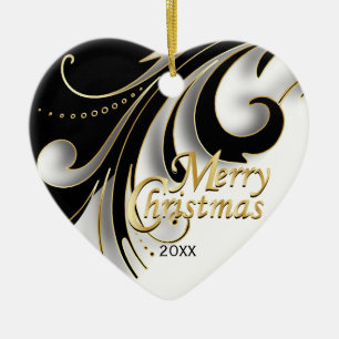 Elegant Black, White & Gold Christmas Photo Ceramic Ornament