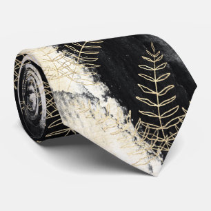 Elegant Black & White Gold Fern Leaf Wedding Tie