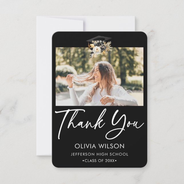  Elegant Black White Gold Floral Graduation Photo Thank You Card (Front)