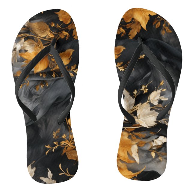 Elegant Black White Gold Floral Repeating Pattern Thongs (Footbed)