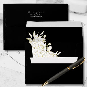 Elegant Black White Gold Floral Return Address Envelope