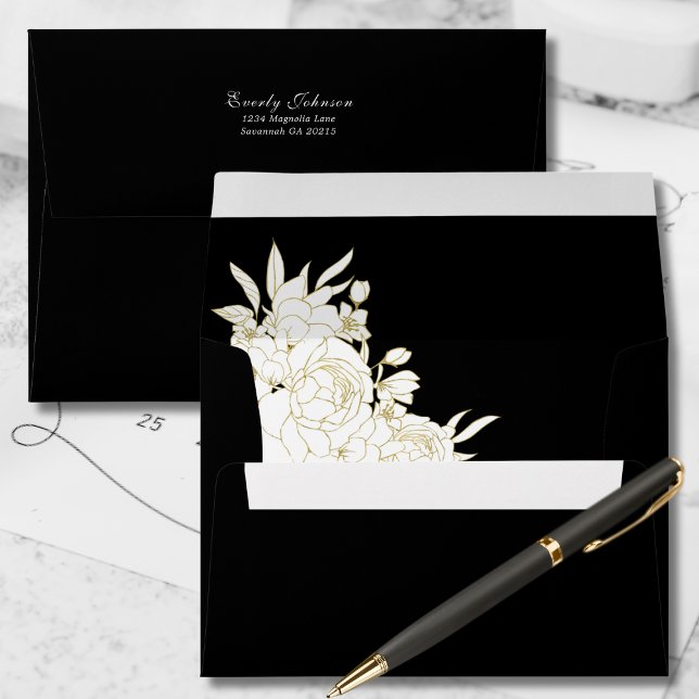 Elegant Black White Gold Floral Return Address Envelope (Creator Uploaded)