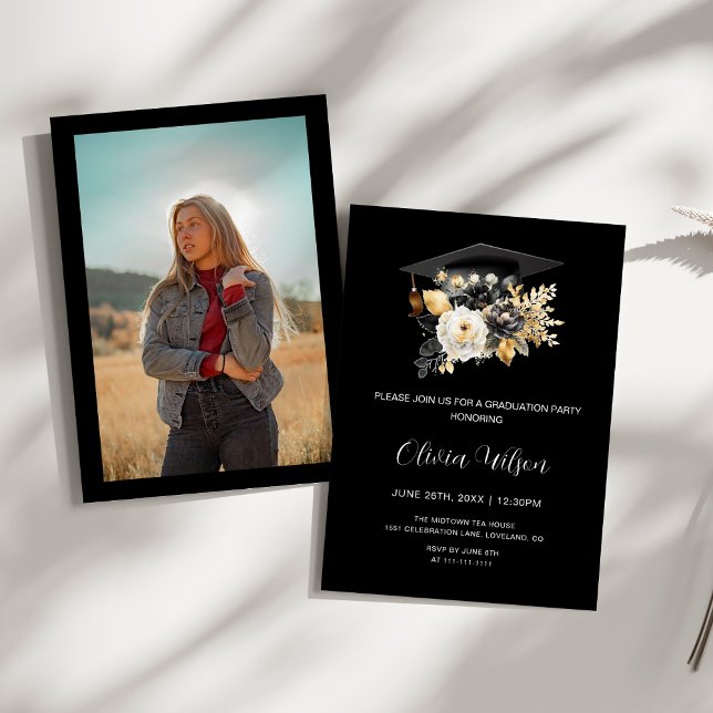 Elegant Black White Gold Flowers Photo Graduation  Invitation (Elegant Black White and Gold Flowers photo Graduation Party Invitation)