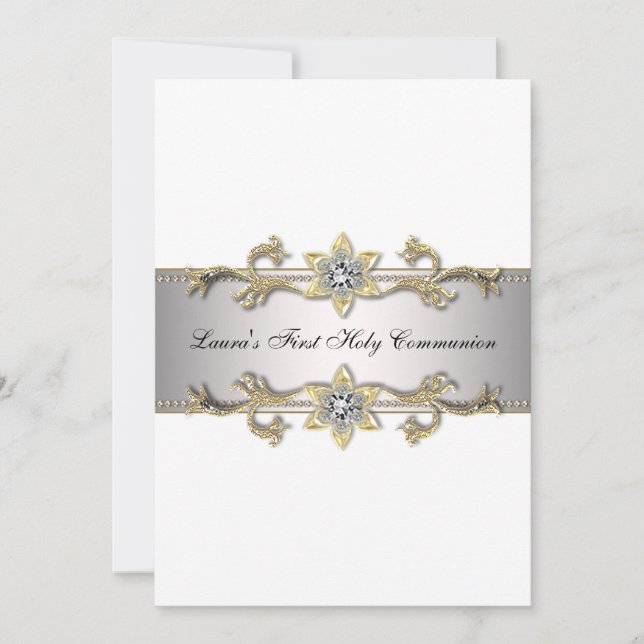 Elegant Black White Gold Girls First Communion Invitation (Front)