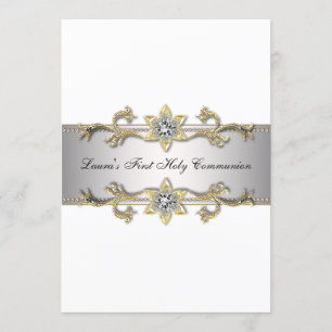 Elegant Black White Gold Girls First Communion Invitation