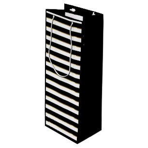 Elegant Black White Gold Horizontal Stripe  Wine Gift Bag