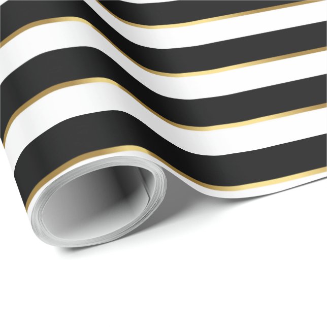 Elegant Black White Gold Horizontal Stripe Wrapping Paper (Roll Corner)