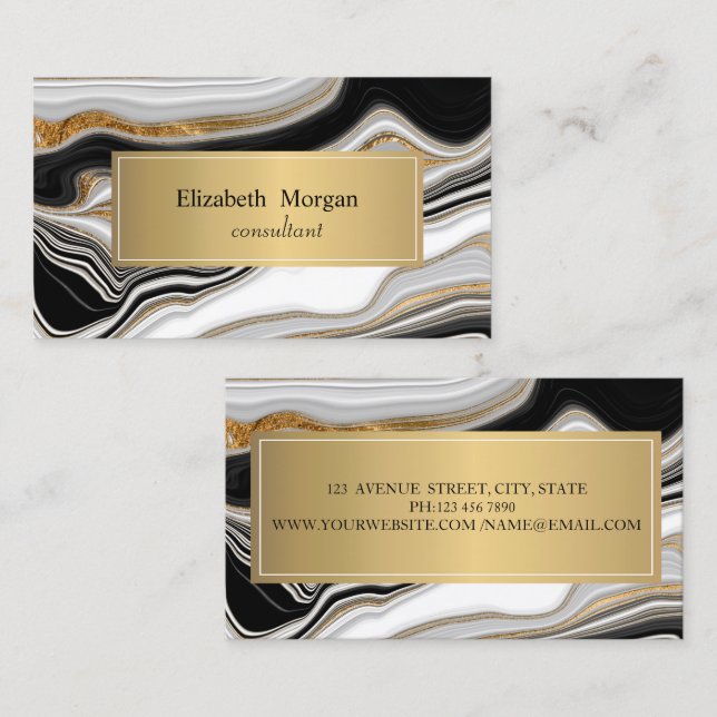 Elegant Black White Gold Marble  Business Card (Front/Back)