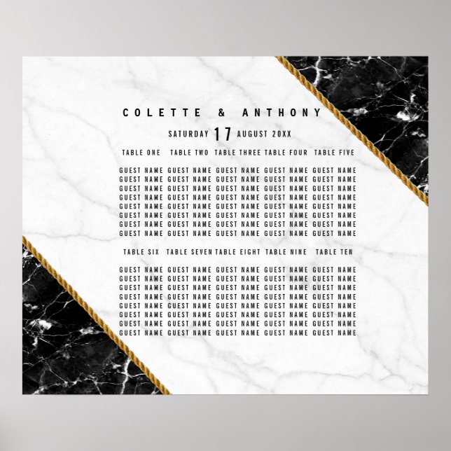 Elegant black white gold marble Seating Chart (Front)