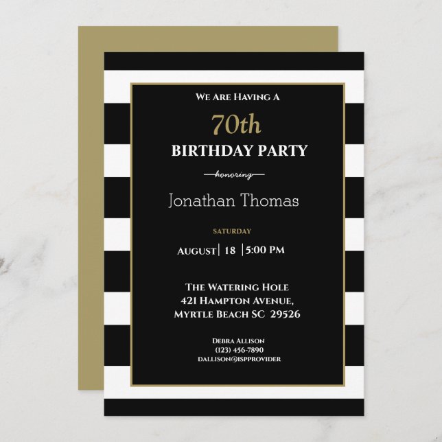 Elegant Black White Gold Mens 70th Birthday   Invitation (Front/Back)