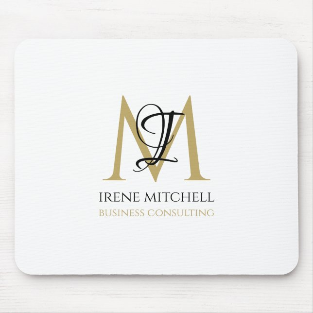 Elegant Black White Gold Modern Monogram Name Mouse Pad (Front)