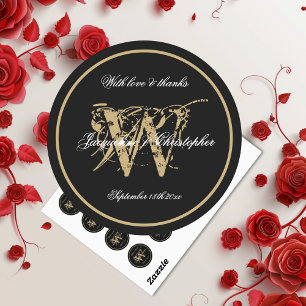 Elegant Black White Gold Monogram Name Chic Script Classic Round Sticker