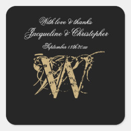 Elegant Black White Gold Monogram Script Name Chic Square Sticker