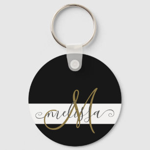 Elegant Black White Gold Monogram Script Name Key Ring