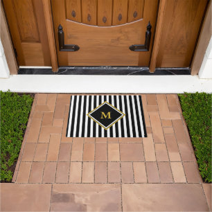Elegant Black White Gold Monogram Striped Doormat