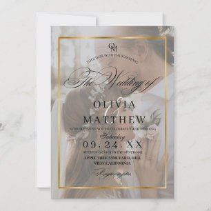 Elegant Black & white Gold Overlay 2 Photo Wedding Invitation