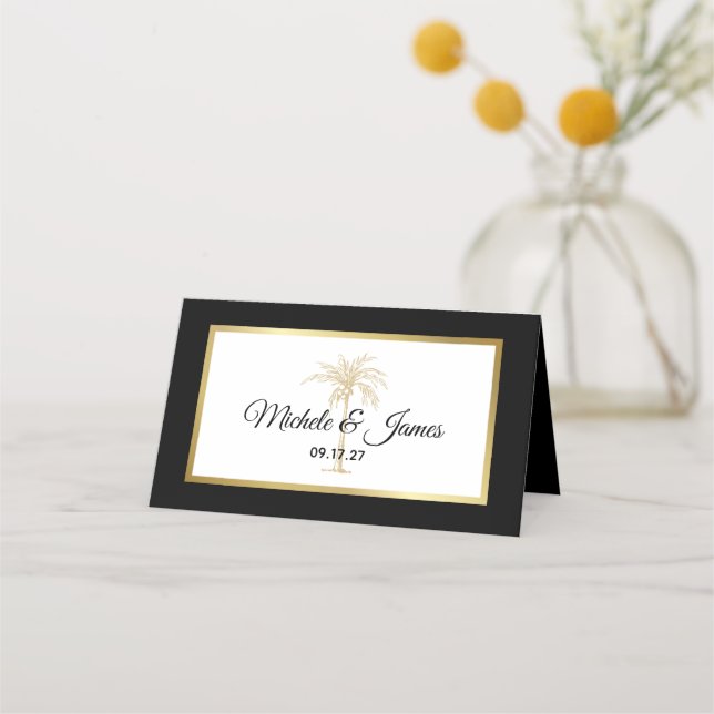 Elegant Black White Gold Palm Tree Modern Wedding Place Card (Front)